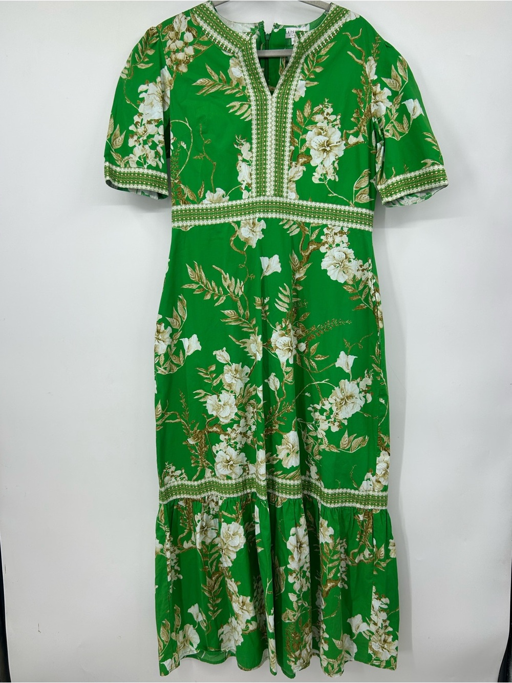 Raishma Darcie Green Floral Maxi Dress V Neck 100% Cotton Size 16 - Picture 3 of 12